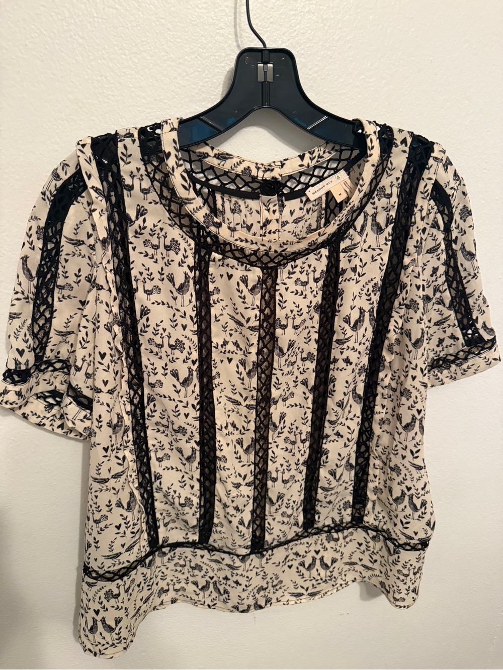 Anthropologie Cream Blouse with Black Floral Print and Lace Trim